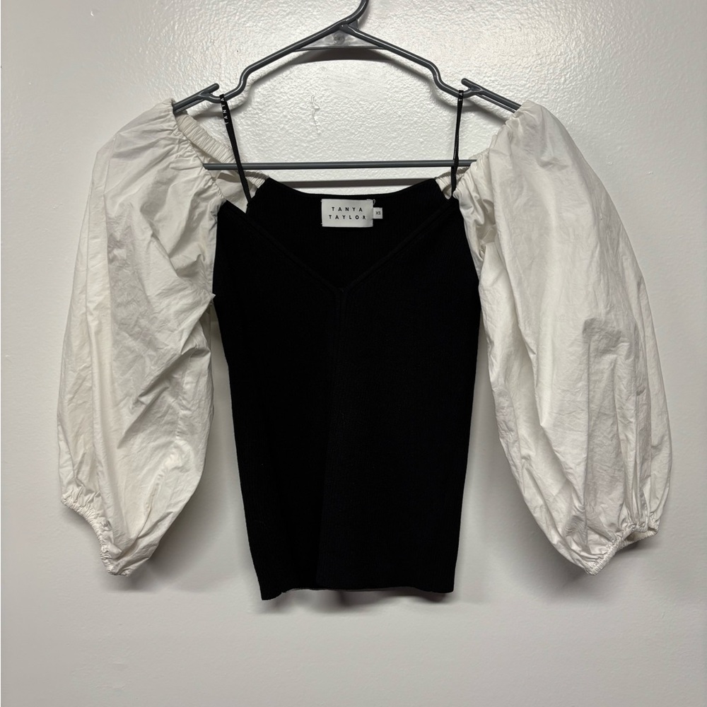 Tanya Taylor Black White 3/4 Puff Sleeve Knit Top Size XS